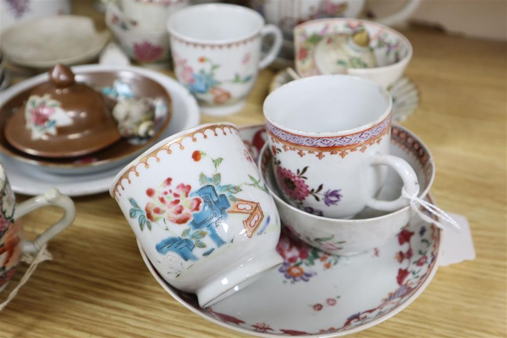 A collection of 18th century Chinese enamelled tea bowls, cups and saucers etc, mostly damaged